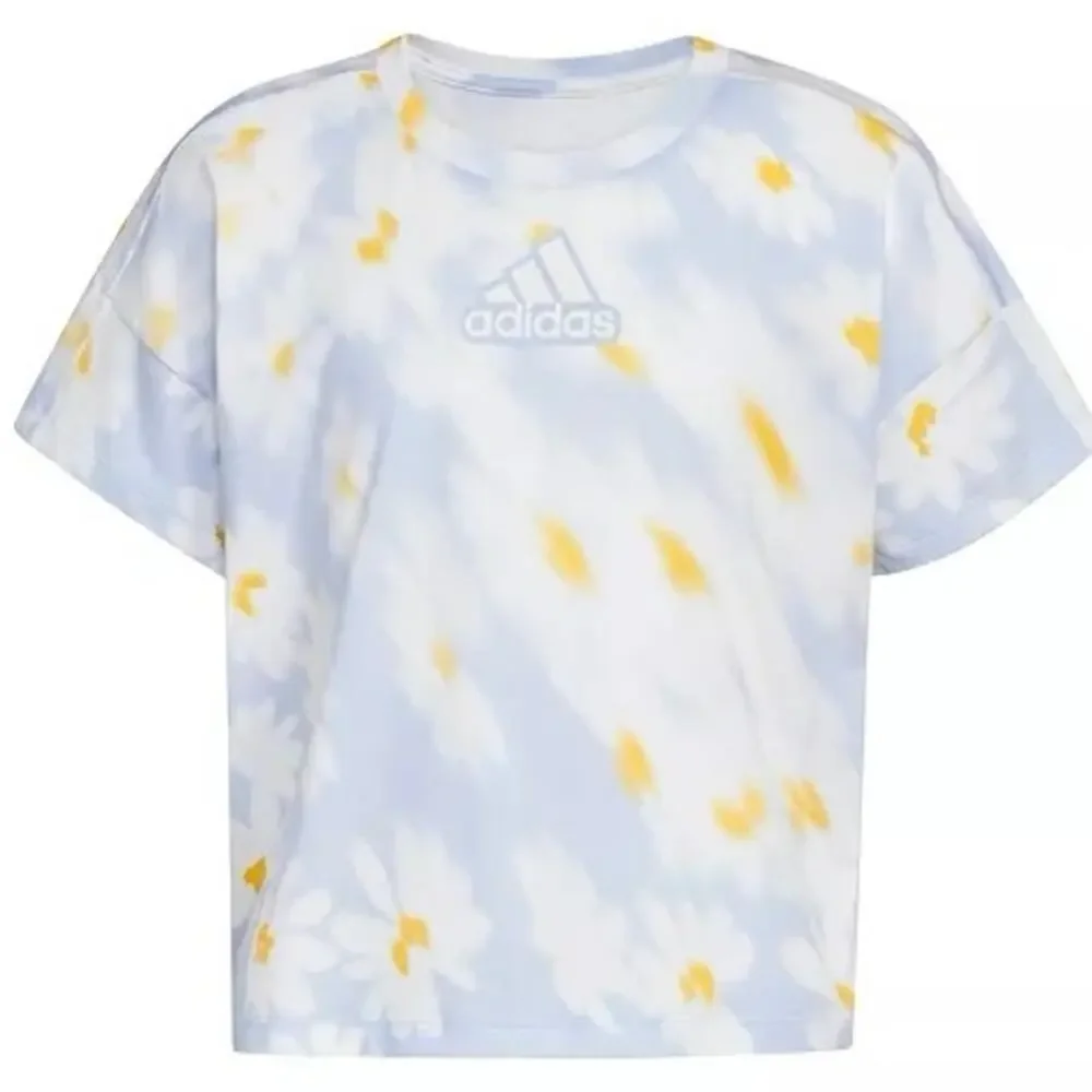 adidas Girls L All Over Print Loose Box Short Sleeve T-shirt Blue Daisy Floral